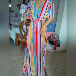 LIKE NEW LOANA MEHGAN WRAP DRESS STRIPED MULTI COLOR SZ. XL LINED GORGEOUS